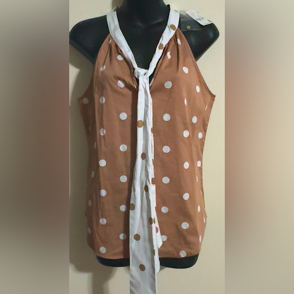 NY&C polka dot tan & white NWT sleeveless blouse with attached front tie size XS